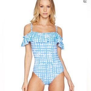 Lilly Pulitzer Fiesta One Piece Blue Checkered Woman's Swimsuit Ruffles Vacation